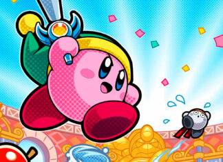 Kirby And The Forgotten Land character holding a wand in a colorful arena scene