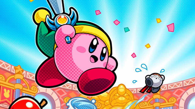 Kirby And The Forgotten Land character holding a wand in a colorful arena scene