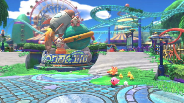 Kirby and the forgotten land characters exploring an amusement park with a rocket statue