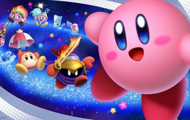 Kirby and The Forgotten Land characters flying through a sparkling galaxy swirl