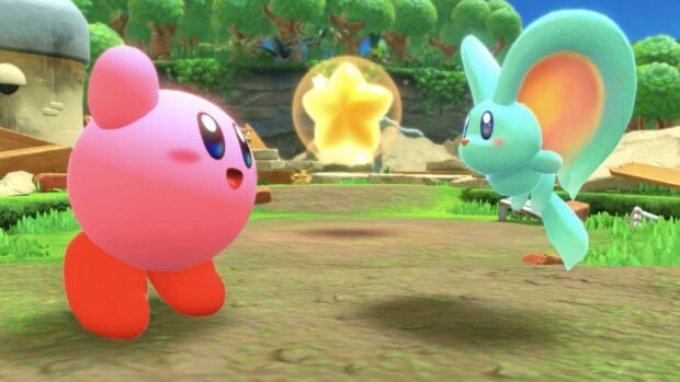 Kirby and the Forgotten Land characters interacting in a vibrant grassy area with a glowing star
