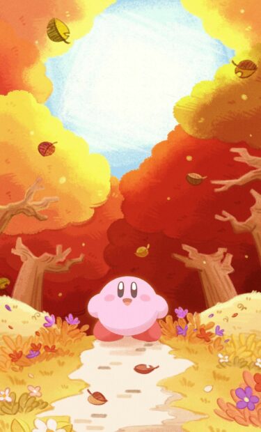 Kirby And The Forgotten Land character exploring autumn forest colorful leaves and flowers