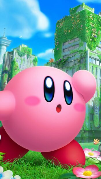 Kirby character exploring the forgotten land with overgrown buildings and flowers around