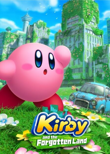 Kirby character from Kirby And The Forgotten Land stands in a lush green overgrown cityscape