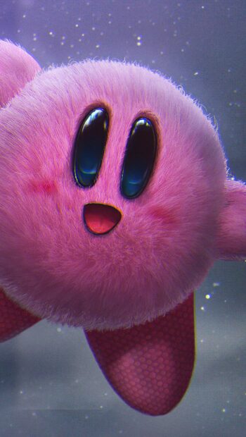 A close up of a fluffy Kirby character from the Forgotten Land game