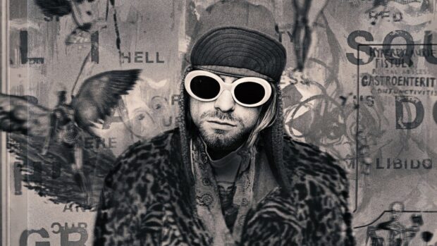 Kurt Cobain wearing white sunglasses and a patterned coat in a creative grunge style collage