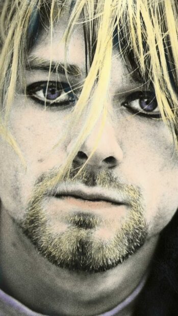 Close up artistic portrait of Kurt Cobain with blonde hair and purple eyes