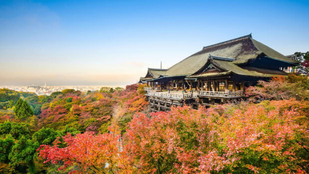 Traditional Kyoto temple surrounded by autumn foliage in a colorful forest