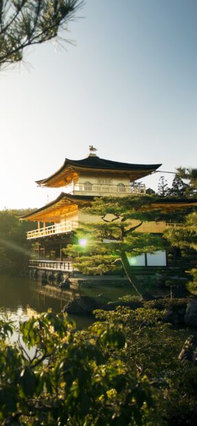 Traditional Kyoto architecture surrounded by lush green trees and a calm pond reflecting sunlight