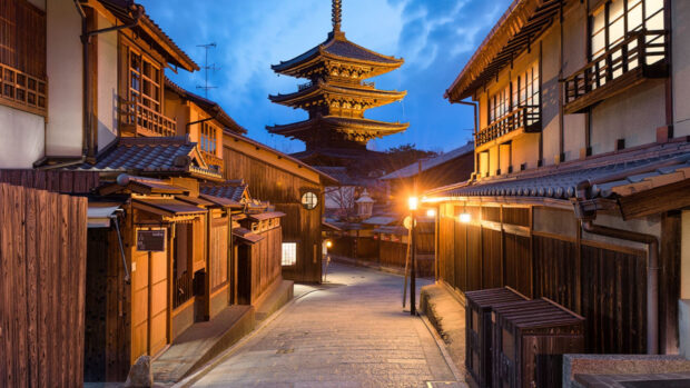 Traditional Kyoto street with historic pagoda in the evening light
