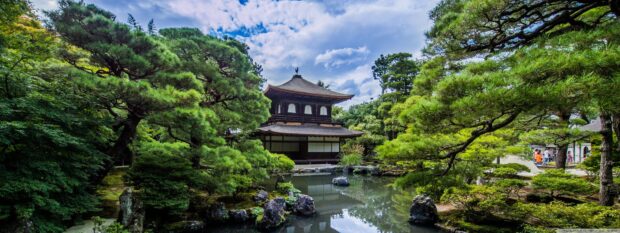 Traditional Kyoto temple surrounded by lush green trees and a serene pond in the garden
