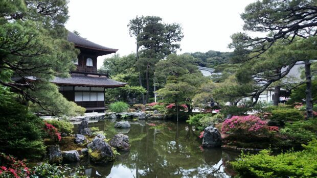 Traditional Kyoto garden with pond and lush greenery reflecting calm water in a serene Kyoto setting