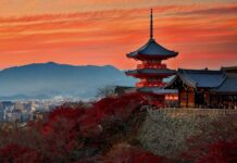 Traditional Kyoto pagoda surrounded by autumn trees under a colorful sunset sky