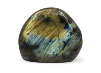 Polished labradorite stone showing iridescent colors and natural patterns on a white background