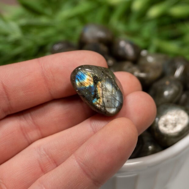 A person holding a polished labradorite stone showing colorful iridescence