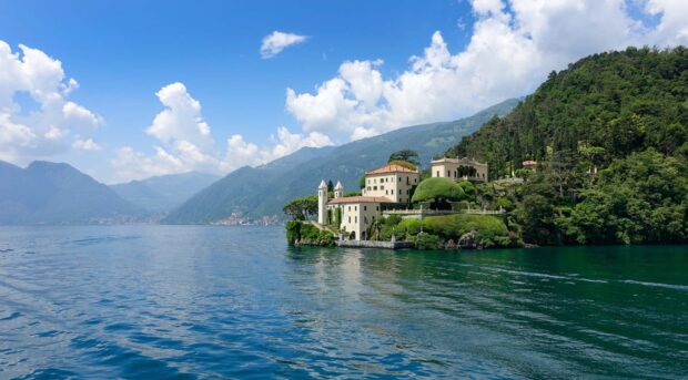 A beautiful villa surrounded by lush greenery on Lake Como with clear blue sky and mountains in the background