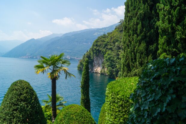 Lush greenery surrounding the breathtaking Lake Como landscape with hills in the background