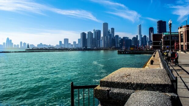 Lake Michigan city skyline viewed from the waterfront on a clear sunny day