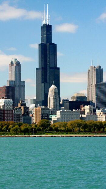 The Chicago skyline with Lake Michigan and clear blue sky in summer