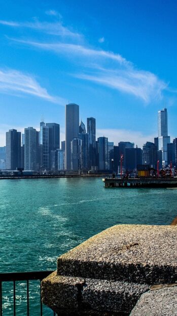 A clear view of Lake Michigan cityscape under blue sky with skyscrapers and waterfront pier