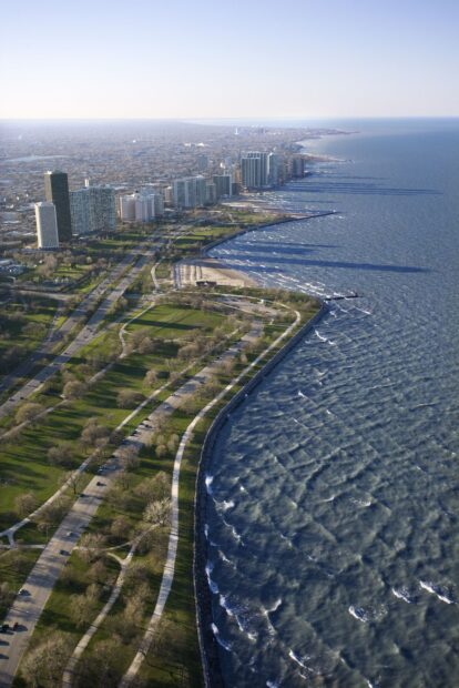 Aerial View Of Lake Michigan Shoreline And Cityscape On A Clear Day