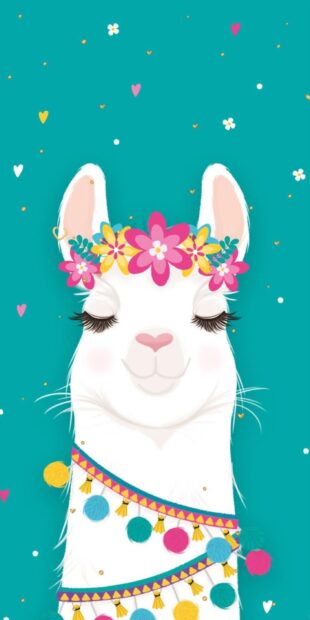 A charming lama wearing a colorful flower crown and festive garlands on a teal background