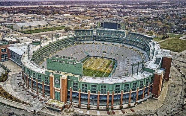 Aerial view of Lambeau Field showing the football stadium and surrounding area in high resolution