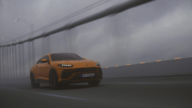 Orange Lamborghini Urus driving on a foggy bridge with modern streetlights