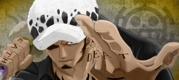 Law from One Piece showing his hand tattoos with a focused expression