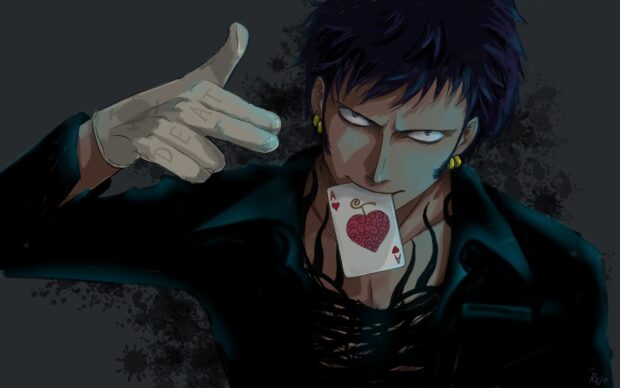 Law from One Piece holding a card in his mouth with a serious expression