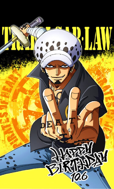Law from One Piece posing with a confident smile and a sword in a dynamic stance
