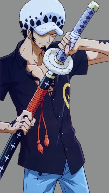 Law holding a sword with a white hat in a confident pose from One Piece