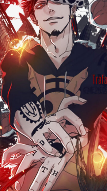 A close up of Law one piece showing his hand tattoos and confident pose