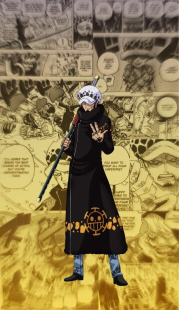 Trafalgar Law standing in front of manga panels from One Piece in black outfit and white hat
