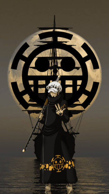 Trafalgar Law stands with a sword in front of a ship and a full moon in the background