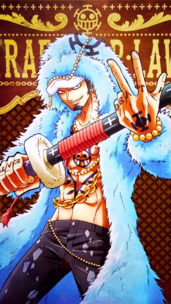Law from One Piece wearing a blue fur coat and holding a sword in a confident pose