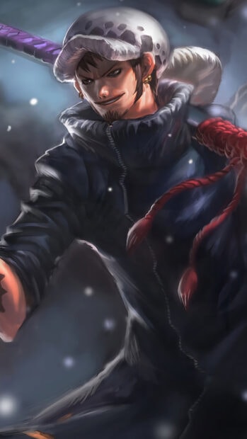 Law from One Piece wearing a spotted hat and dark clothes with a sword in the snowy background