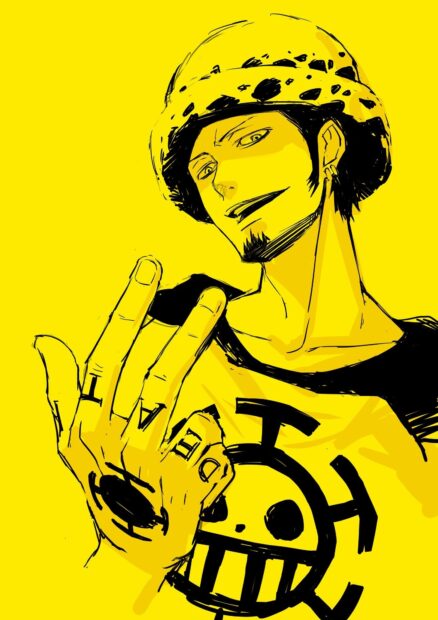 Law from One Piece showing a confident smile and hand gesture on a bright yellow background