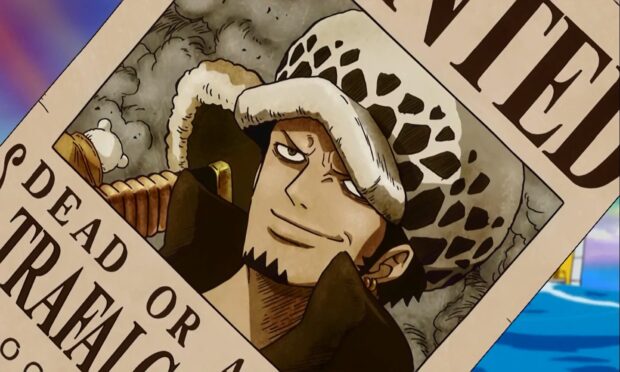 A wanted poster showing Trafalgar Law from One Piece with a confident smile