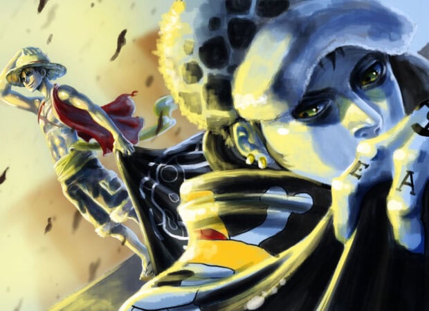 Law wearing a spotted hat and cape with pirate flag featuring Luffy standing confidently in the background