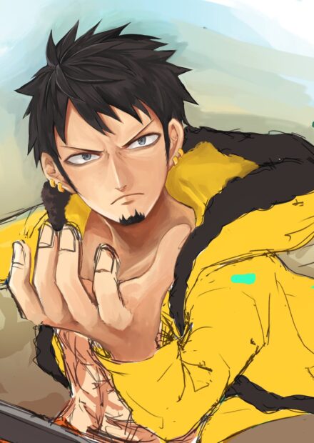 Law from One Piece making a serious gesture with his hand and wearing a yellow jacket