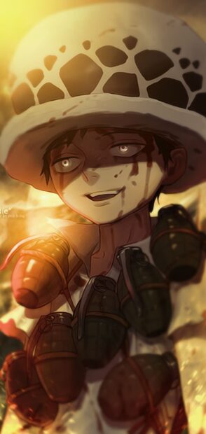 Law from One Piece wearing a spotted hat and grenades with a sinister smile