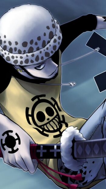 Law from One Piece holding a sword with a focused expression in high detail