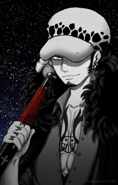 Trafalgar law from One Piece holding a sword with a confident smile