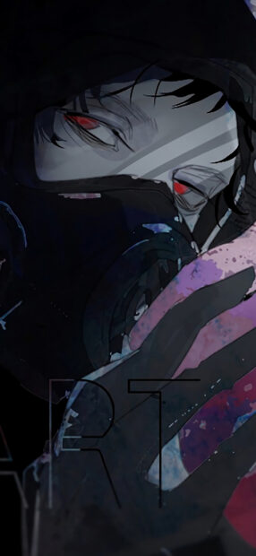 Law with red eyes and dark hood in a detailed anime style