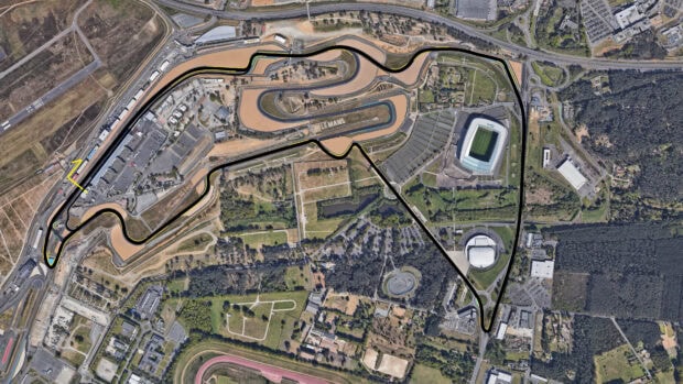 A high resolution aerial view showing the Le Mans race track layout and surrounding area