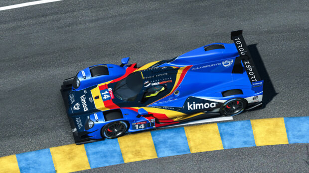 A Le Mans racing prototype car with kimoa livery on a race track curb