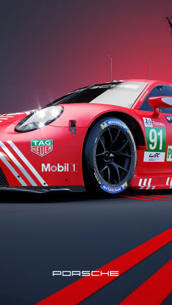 Red Porsche race car with Le Mans racing decals in a 4K wallpaper for mobile devices