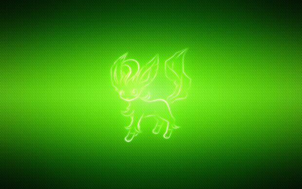 A glowing outline of the Leafeon character on a vibrant green background with diagonal stripes