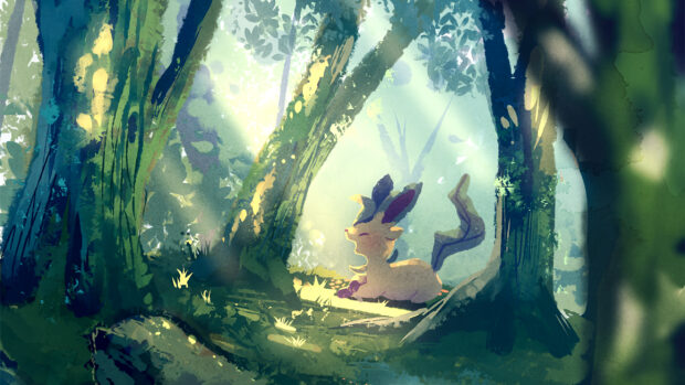 A Leafeon resting peacefully in a sunlit forest surrounded by tall trees and greenery
